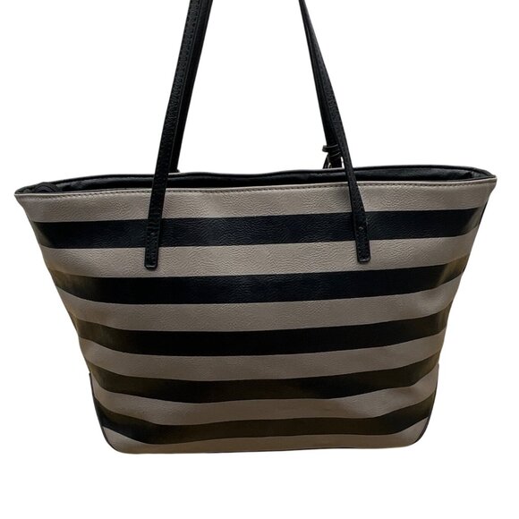 Nine West Taupe & Black Striped Faux Leather Black Tassel Detail Tote Bag Sz L - Picture 5 of 14